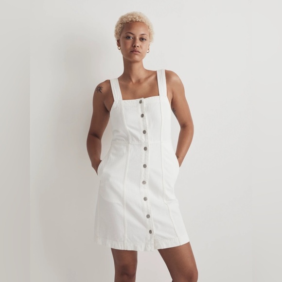 Madewell Denim Square-Neck Sleeveless Mini Dress in Tile White Sz 14 NEW - Picture 1 of 3